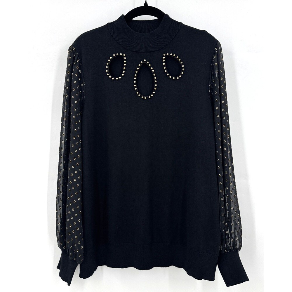Belladini Sweater Women 3X Black Sheer Gold Stud Cutout Sleeve Gothic Glam Dark